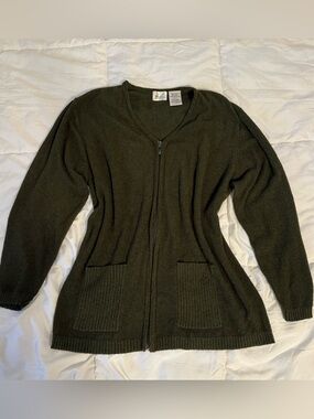 Vintage Kathy Lee Olive Green Zip Cardigan Sweater M